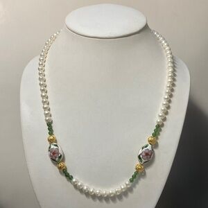 Pearl and jade, cloisonne necklace 21"